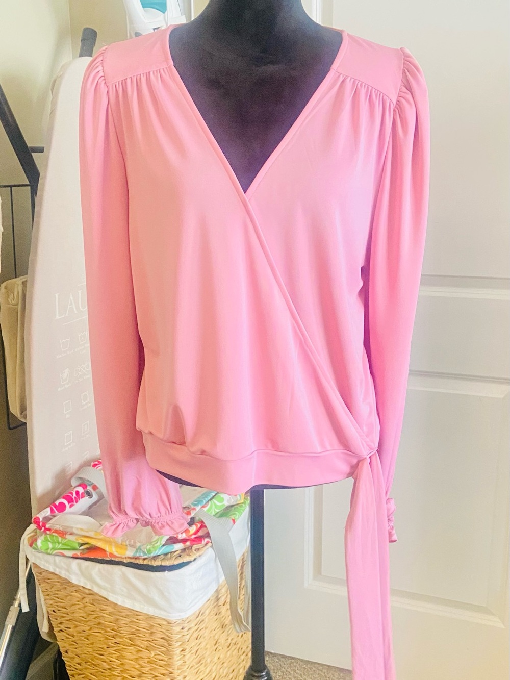 INC International Concepts Pink Long-Sleeve Wrap Blouse with Side Tie